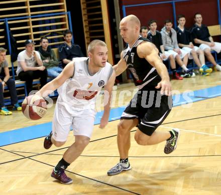 Basketball 2. Bundesliga. Woerthersee Piraten gegen Villach Raiders.  Timi HUber, (Piraten), Davor Sattler (Villach). Klagenfurt, am 15.2.2014.
Foto: Kuess
---
pressefotos, pressefotografie, kuess, qs, qspictures, sport, bild, bilder, bilddatenbank