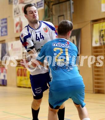 Handball HLA. SC Ferlach gegen HC Linz AG. Patrick Jochum,  (Ferlach), Manuel Papsch (Linz). Ferlach, 15.2.2014.
Foto: Kuess
---
pressefotos, pressefotografie, kuess, qs, qspictures, sport, bild, bilder, bilddatenbank