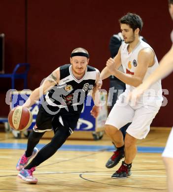 Basketball 2. Bundesliga. Woerthersee Piraten gegen Villach Raiders.  Daniel Gspandl, (Piraten), Nino Gross  (Villach). Klagenfurt, am 15.2.2014.
Foto: Kuess
---
pressefotos, pressefotografie, kuess, qs, qspictures, sport, bild, bilder, bilddatenbank