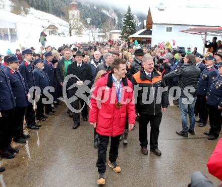 Schi Alpin. Empfang Abfahrtsolympiasieger Matthias Mayer.  Festzug, Matthias Mayer.  Afritz, am 22.2.2014.
Foto: Kuess
---
pressefotos, pressefotografie, kuess, qs, qspictures, sport, bild, bilder, bilddatenbank