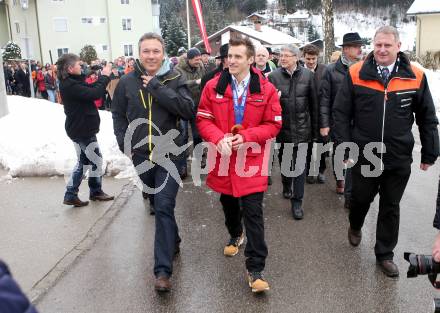 Schi Alpin. Empfang Abfahrtsolympiasieger Matthias Mayer.  Festzug, Fritz Strobl, Matthias Mayer.  Afritz, am 22.2.2014.
Foto: Kuess
---
pressefotos, pressefotografie, kuess, qs, qspictures, sport, bild, bilder, bilddatenbank