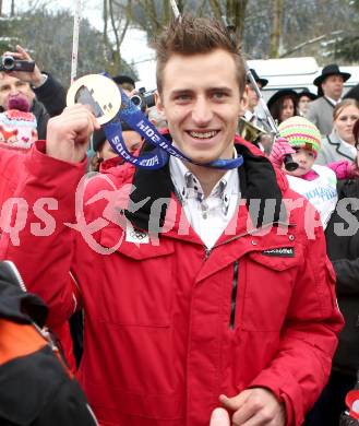 Schi Alpin. Empfang Abfahrtsolympiasieger Matthias Mayer.  Matthias Mayer.  Afritz, am 22.2.2014.
Foto: Kuess
---
pressefotos, pressefotografie, kuess, qs, qspictures, sport, bild, bilder, bilddatenbank