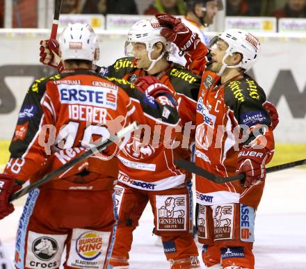 EBEL. Eishockey Bundesliga. KAC gegen Moser Medical Graz 99ers.  Torjubel Thomas Koch, John Lammers, Florian Iberer (KAC). Klagenfurt, am 24.2.2014.
Foto: Kuess 

---
pressefotos, pressefotografie, kuess, qs, qspictures, sport, bild, bilder, bilddatenbank