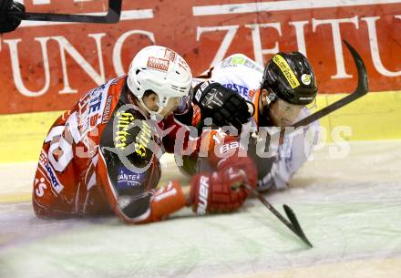 EBEL. Eishockey Bundesliga. KAC gegen Moser Medical Graz 99ers. Paul Schellander,  (KAC), Mario Scalzo (Graz). Klagenfurt, am 24.2.2014.
Foto: Kuess 

---
pressefotos, pressefotografie, kuess, qs, qspictures, sport, bild, bilder, bilddatenbank