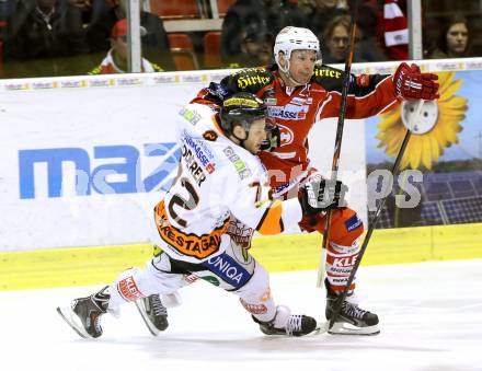 EBEL. Eishockey Bundesliga. KAC gegen Moser Medical Graz 99ers. Kirk Furey,  (KAC), Kevin Moderer (Graz). Klagenfurt, am 24.2.2014.
Foto: Kuess 

---
pressefotos, pressefotografie, kuess, qs, qspictures, sport, bild, bilder, bilddatenbank