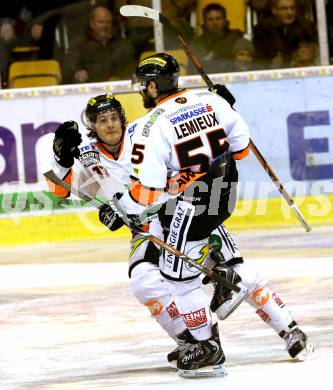 EBEL. Eishockey Bundesliga. KAC gegen Moser Medical Graz 99ers.  Torjubel Mario Lemieux, Manuel Ganahl(Graz). Klagenfurt, am 24.2.2014.
Foto: Kuess 

---
pressefotos, pressefotografie, kuess, qs, qspictures, sport, bild, bilder, bilddatenbank