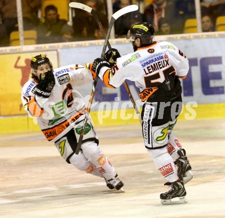 EBEL. Eishockey Bundesliga. KAC gegen Moser Medical Graz 99ers. Torjubel Mario Lemieux, Manuel Ganahl (Graz). Klagenfurt, am 24.2.2014.
Foto: Kuess 

---
pressefotos, pressefotografie, kuess, qs, qspictures, sport, bild, bilder, bilddatenbank