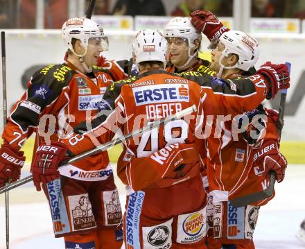 EBEL. Eishockey Bundesliga. KAC gegen Moser Medical Graz 99ers. Torjubel Thomas Koch, John Lammers, Florian Iberer, Jamie Lundmark (KAC). Klagenfurt, am 24.2.2014.
Foto: Kuess 

---
pressefotos, pressefotografie, kuess, qs, qspictures, sport, bild, bilder, bilddatenbank