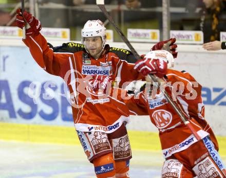 EBEL. Eishockey Bundesliga. KAC gegen Moser Medical Graz 99ers. Torjubel Tyler Spurgeon, Tyler Scofield (KAC). Klagenfurt, am 24.2.2014.
Foto: Kuess 

---
pressefotos, pressefotografie, kuess, qs, qspictures, sport, bild, bilder, bilddatenbank