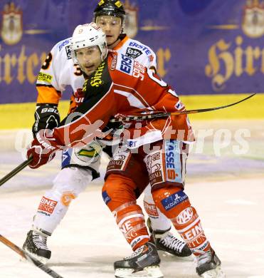 EBEL. Eishockey Bundesliga. KAC gegen Moser Medical Graz 99ers. Tyler Spurgeon, (KAC), Andreas Wiedergut  (Graz). Klagenfurt, am 24.2.2014.
Foto: Kuess 

---
pressefotos, pressefotografie, kuess, qs, qspictures, sport, bild, bilder, bilddatenbank