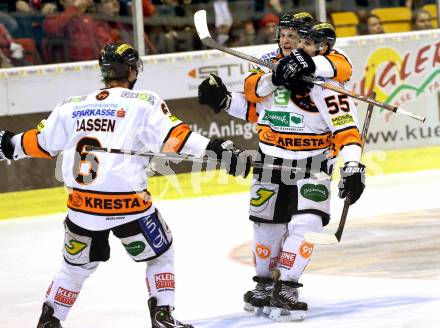 EBEL. Eishockey Bundesliga. KAC gegen Moser Medical Graz 99ers. Torjubel Mario Lemieux, Manuel Ganahl, Stefan Lassen (Graz). Klagenfurt, am 24.2.2014.
Foto: Kuess 

---
pressefotos, pressefotografie, kuess, qs, qspictures, sport, bild, bilder, bilddatenbank