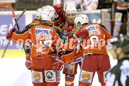 EBEL. Eishockey Bundesliga. KAC gegen Moser Medical Graz 99ers. Torjubel Martin Schumnig, Tyler Spurgeon, Thomas Poeck, Colton Fretter (KAC). Klagenfurt, am 24.2.2014.
Foto: Kuess 

---
pressefotos, pressefotografie, kuess, qs, qspictures, sport, bild, bilder, bilddatenbank