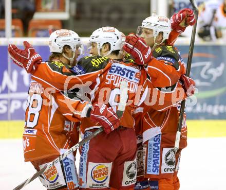 EBEL. Eishockey Bundesliga. KAC gegen Moser Medical Graz 99ers. Torjubel Martin Schumnig, Tyler Spurgeon, Thomas Poeck (KAC). Klagenfurt, am 24.2.2014.
Foto: Kuess 

---
pressefotos, pressefotografie, kuess, qs, qspictures, sport, bild, bilder, bilddatenbank