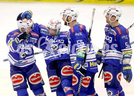 EBEL. Eishockey Bundesliga. EC VSV gegen HC Orli Znojmo. Torjubel Klemen Pretnar, Scott Hotham, Eric Hunter, Marco Pewal (VSV). Villach, am 26.2.2014.
Foto: Kuess 


---
pressefotos, pressefotografie, kuess, qs, qspictures, sport, bild, bilder, bilddatenbank