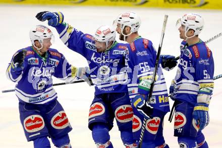 EBEL. Eishockey Bundesliga. EC VSV gegen HC Orli Znojmo. Torjubel Klemen Pretnar, Scott Hotham, Eric Hunter, Marco Pewal (VSV). Villach, am 26.2.2014.
Foto: Kuess 


---
pressefotos, pressefotografie, kuess, qs, qspictures, sport, bild, bilder, bilddatenbank