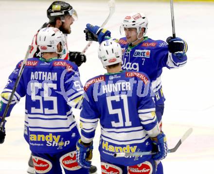 EBEL. Eishockey Bundesliga. EC VSV gegen HC Orli Znojmo. Torjubel Klemen Pretnar, Scott Hotham, Eric Hunter (VSV). Villach, am 26.2.2014.
Foto: Kuess 


---
pressefotos, pressefotografie, kuess, qs, qspictures, sport, bild, bilder, bilddatenbank