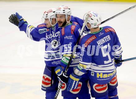 EBEL. Eishockey Bundesliga. EC VSV gegen HC Orli Znojmo. Torjubel Klemen Pretnar, Scott Hotham, Eric Hunter (VSV). Villach, am 26.2.2014.
Foto: Kuess 


---
pressefotos, pressefotografie, kuess, qs, qspictures, sport, bild, bilder, bilddatenbank