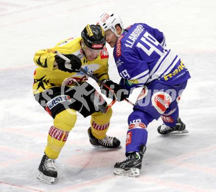 EBEL. Eishockey Bundesliga. EC VSV gegen UPC Vienna Capitals. Mario Lamoureux, (VSV), Jamie Fraser (Vienna). Villach, am 28.2.2014.
Foto: Kuess 


---
pressefotos, pressefotografie, kuess, qs, qspictures, sport, bild, bilder, bilddatenbank