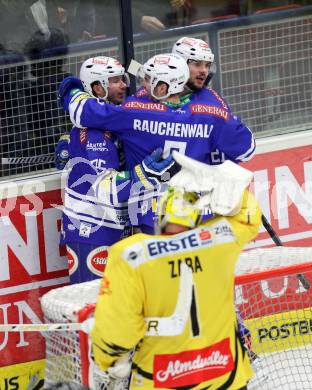 EBEL. Eishockey Bundesliga. EC VSV gegen UPC Vienna Capitals. torjubel Marco Pewal, Benjamin Petrik, Alexander Rauchenwald, Matthew Zaba (VSV). Villach, am 28.2.2014.
Foto: Kuess 


---
pressefotos, pressefotografie, kuess, qs, qspictures, sport, bild, bilder, bilddatenbank