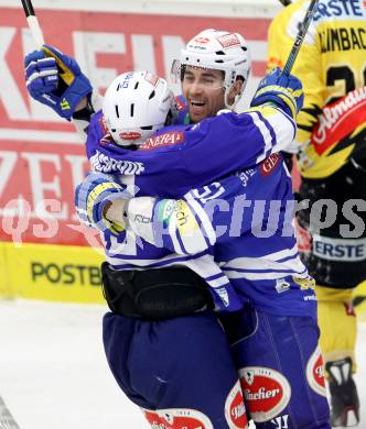 EBEL. Eishockey Bundesliga. EC VSV gegen UPC Vienna Capitals. torjubel Brock McBride, Eric Hunter (VSV).. Villach, am 28.2.2014.
Foto: Kuess 


---
pressefotos, pressefotografie, kuess, qs, qspictures, sport, bild, bilder, bilddatenbank