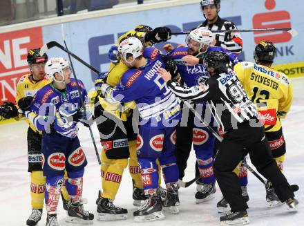 EBEL. Eishockey Bundesliga. EC VSV gegen UPC Vienna Capitals. Rauferei Derek Ryan, Eric Hunter, Scott Hotham, (VSV), Dustin Sylvester, Kris Beech, Jamie Fraser (Vienna). Villach, am 28.2.2014.
Foto: Kuess 


---
pressefotos, pressefotografie, kuess, qs, qspictures, sport, bild, bilder, bilddatenbank