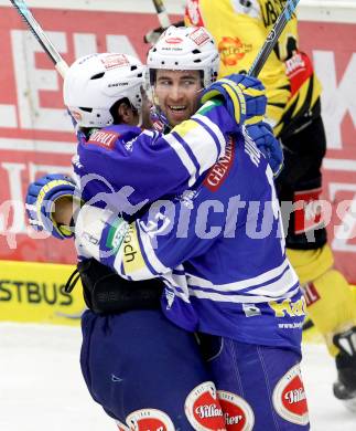 EBEL. Eishockey Bundesliga. EC VSV gegen UPC Vienna Capitals. torjubel Brock McBride, Eric Hunter (VSV). Villach, am 28.2.2014.
Foto: Kuess 


---
pressefotos, pressefotografie, kuess, qs, qspictures, sport, bild, bilder, bilddatenbank