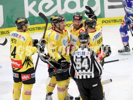 EBEL. Eishockey Bundesliga. EC VSV gegen UPC Vienna Capitals. Torjubel Sven Klimbacher, Rafael Rotter, Benoit Gratton, Francois Fortier, Patrick Peter (Vienna). Villach, am 28.2.2014.
Foto: Kuess 


---
pressefotos, pressefotografie, kuess, qs, qspictures, sport, bild, bilder, bilddatenbank