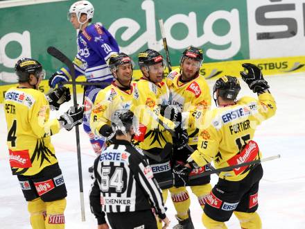 EBEL. Eishockey Bundesliga. EC VSV gegen UPC Vienna Capitals. Torjubel Sven Klimbacher, Rafael Rotter, Benoit Gratton, Francois Fortier, Patrick Peter   (Vienna). Villach, am 28.2.2014.
Foto: Kuess 


---
pressefotos, pressefotografie, kuess, qs, qspictures, sport, bild, bilder, bilddatenbank