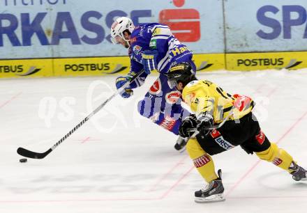 EBEL. Eishockey Bundesliga. EC VSV gegen UPC Vienna Capitals. Benjamin Petrik,  (VSV), Dustin Sylvester (Vienna). Villach, am 28.2.2014.
Foto: Kuess 


---
pressefotos, pressefotografie, kuess, qs, qspictures, sport, bild, bilder, bilddatenbank