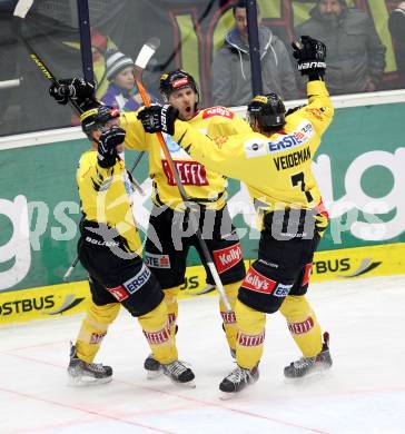 EBEL. Eishockey Bundesliga. EC VSV gegen UPC Vienna Capitals. torjubel Francois Fortier, Benoit Gratton, Adrian Veidemann (Vienna). Villach, am 28.2.2014.
Foto: Kuess 


---
pressefotos, pressefotografie, kuess, qs, qspictures, sport, bild, bilder, bilddatenbank