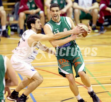 Basketball 2. Bundesliga. WSG Raiffeisem Radenthein gegen BK Mattersburg. Peter Gleissner, (Radenthein), Sebastian Pinterits  (Mattersburg). Radenthein, 1.3.2014.
Foto: Kuess

---
pressefotos, pressefotografie, kuess, qs, qspictures, sport, bild, bilder, bilddatenbank