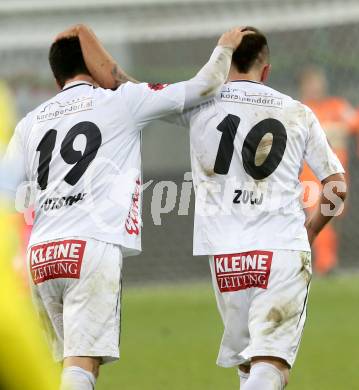 Fussball Bundesliga. RZ Pellets WAC.  Jubel Roland Putsche, Peter Zulj. Klagenfurt, 8.2.2014.
Foto: Kuess

---
pressefotos, pressefotografie, kuess, qs, qspictures, sport, bild, bilder, bilddatenbank