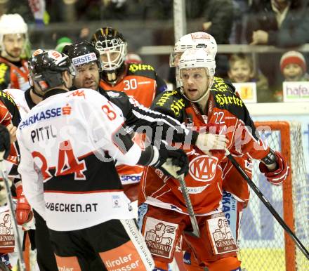 EBEL. Eishockey Bundesliga. KAC gegen HC TWK Innsbruck, Die Haie. Thomas Poeck, (KAC), Stefan Pittl  (Innsbruck). Klagenfurt, am 2.3.2014.
Foto: Kuess 

---
pressefotos, pressefotografie, kuess, qs, qspictures, sport, bild, bilder, bilddatenbank