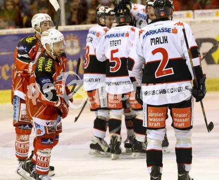 EBEL. Eishockey Bundesliga. KAC gegen HC TWK Innsbruck, Die Haie. Thomas Koch, Martin Schumnig, (KAC), Marek Malik  (Innsbruck). Klagenfurt, am 2.3.2014.
Foto: Kuess 

---
pressefotos, pressefotografie, kuess, qs, qspictures, sport, bild, bilder, bilddatenbank