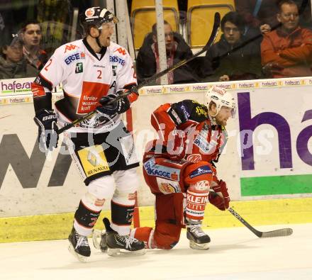 EBEL. Eishockey Bundesliga. KAC gegen HC TWK Innsbruck, Die Haie. Markus Pirmann, (KAC), Marek Malik  (Innsbruck). Klagenfurt, am 2.3.2014.
Foto: Kuess 

---
pressefotos, pressefotografie, kuess, qs, qspictures, sport, bild, bilder, bilddatenbank