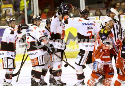 EBEL. Eishockey Bundesliga. KAC gegen HC TWK Innsbruck, Die Haie. torjubel Marek Malik, Stefan Pittl  (Innsbruck). Klagenfurt, am 2.3.2014.
Foto: Kuess 

---
pressefotos, pressefotografie, kuess, qs, qspictures, sport, bild, bilder, bilddatenbank