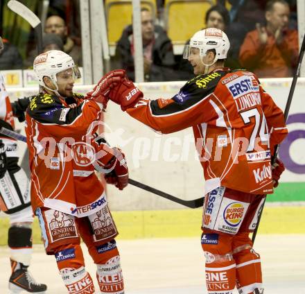 EBEL. Eishockey Bundesliga. KAC gegen HC TWK Innsbruck, Die Haie. Torjubel Thomas Koch, Jamie Lundmark (KAC). Klagenfurt, am 2.3.2014.
Foto: Kuess 

---
pressefotos, pressefotografie, kuess, qs, qspictures, sport, bild, bilder, bilddatenbank