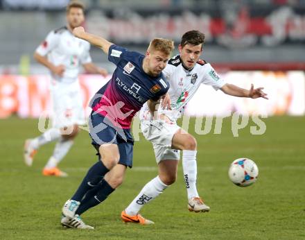 Fussball Bundesliga. RZ Pellets WAC gegen FC Admira Wacker Moedling. Stefan Schwendinger, (WAC), Markus Rusek  (Admira). Klagenfurt, 8.3.2014.
Foto: Kuess

---
pressefotos, pressefotografie, kuess, qs, qspictures, sport, bild, bilder, bilddatenbank