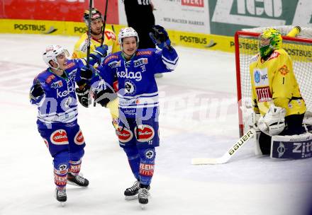 EBEL. Eishockey Bundesliga. EC VSV gegen UPC Vienna Capitals. Torjubel Patrick Platzer, Alexander Rauchenwald (VSV). Villach, am 9.3.2014.
Foto: Kuess 


---
pressefotos, pressefotografie, kuess, qs, qspictures, sport, bild, bilder, bilddatenbank