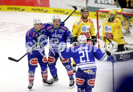 EBEL. Eishockey Bundesliga. EC VSV gegen UPC Vienna Capitals. Torjubel Patrick Platzer, Alexander Rauchenwald, Benjamin Petrik (VSV). Villach, am 9.3.2014.
Foto: Kuess 


---
pressefotos, pressefotografie, kuess, qs, qspictures, sport, bild, bilder, bilddatenbank