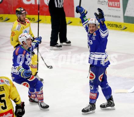 EBEL. Eishockey Bundesliga. EC VSV gegen UPC Vienna Capitals. Torjubel Patrick Platzer, Alexander Rauchenwald (VSV). Villach, am 9.3.2014.
Foto: Kuess 


---
pressefotos, pressefotografie, kuess, qs, qspictures, sport, bild, bilder, bilddatenbank