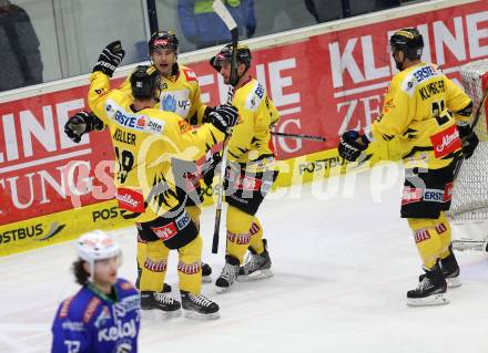 EBEL. Eishockey Bundesliga. EC VSV gegen UPC Vienna Capitals. Torjubel Rafael Rotter, Mike Ouelette, Justin Keller  (Vienna). Villach, am 9.3.2014.
Foto: Kuess 


---
pressefotos, pressefotografie, kuess, qs, qspictures, sport, bild, bilder, bilddatenbank