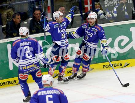 EBEL. Eishockey Bundesliga. EC VSV gegen UPC Vienna Capitals. Torjubel John Hughes, Derek Ryan (VSV). Villach, am 9.3.2014.
Foto: Kuess 


---
pressefotos, pressefotografie, kuess, qs, qspictures, sport, bild, bilder, bilddatenbank