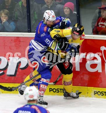 EBEL. Eishockey Bundesliga. EC VSV gegen UPC Vienna Capitals. Stefan Bacher, (VSV), Mike Ouelette  (Vienna). Villach, am 9.3.2014.
Foto: Kuess 


---
pressefotos, pressefotografie, kuess, qs, qspictures, sport, bild, bilder, bilddatenbank