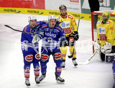 EBEL. Eishockey Bundesliga. EC VSV gegen UPC Vienna Capitals. Torjubel Patrick Platzer, Alexander Rauchenwald (VSV). Villach, am 9.3.2014.
Foto: Kuess 


---
pressefotos, pressefotografie, kuess, qs, qspictures, sport, bild, bilder, bilddatenbank