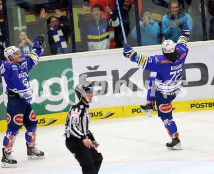 EBEL. Eishockey Bundesliga. EC VSV gegen UPC Vienna Capitals. Torjubel John Hughes, Derek Ryan (VSV). Villach, am 9.3.2014.
Foto: Kuess 


---
pressefotos, pressefotografie, kuess, qs, qspictures, sport, bild, bilder, bilddatenbank