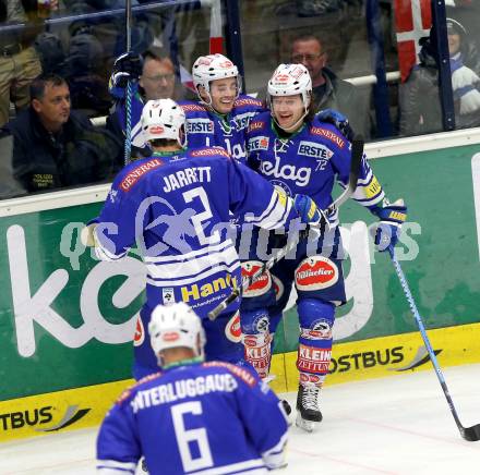 EBEL. Eishockey Bundesliga. EC VSV gegen UPC Vienna Capitals. Torjubel John Hughes, Derek Ryan, Cole Jarrett, Gerhard Unterluggauer (VSV). Villach, am 9.3.2014.
Foto: Kuess 


---
pressefotos, pressefotografie, kuess, qs, qspictures, sport, bild, bilder, bilddatenbank