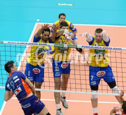 Volleyball MEVZA. Final Four. Finale. SK Aich/Dob gegen ACH Volley Ljubljana. De Sousa Sequeira Valdir, Danijel Koncilja, Stanislaw Wawrzynczyk (Aich/Dob). Bleiburg, 12.3.2014. 
Foto: Kuess
---
pressefotos, pressefotografie, kuess, qs, qspictures, sport, bild, bilder, bilddatenbank