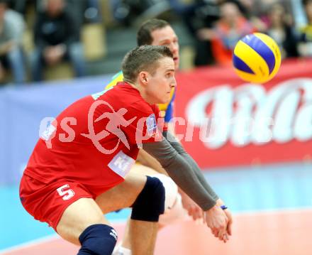 Volleyball MEVZA. Final Four. Finale. SK Aich/Dob gegen ACH Volley Ljubljana. Jani Kovacic (Aich/Dob). Bleiburg, 12.3.2014. 
Foto: Kuess
---
pressefotos, pressefotografie, kuess, qs, qspictures, sport, bild, bilder, bilddatenbank