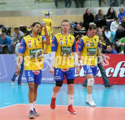 Volleyball MEVZA. Final Four. Finale. SK Aich/Dob gegen ACH Volley Ljubljana. De Sousa Sequeira Valdir, Stanislaw Wawrzynczyk, Pusnik Nejc (Aich/Dob). Bleiburg, 12.3.2014. 
Foto: Kuess
---
pressefotos, pressefotografie, kuess, qs, qspictures, sport, bild, bilder, bilddatenbank